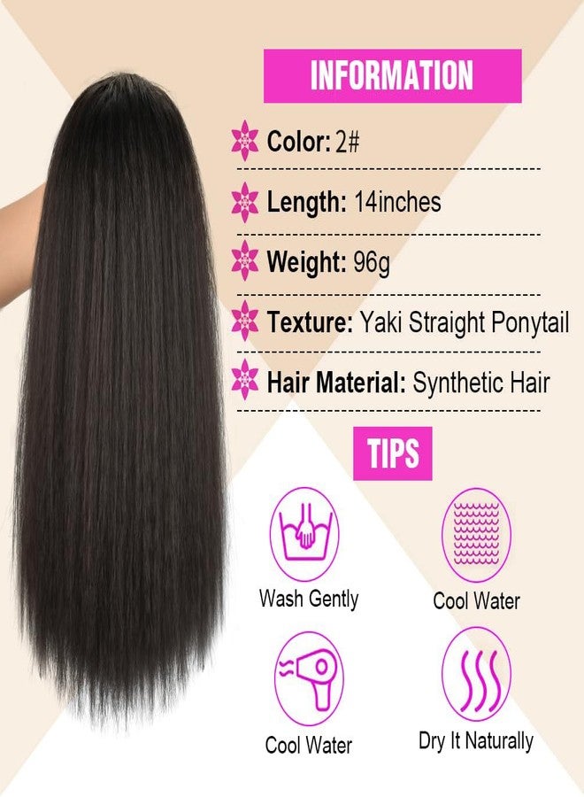 MODSIGHT Yaki Straight Ponytail Extension for Black Women, 14 Inch Black Brown Fluffy Thick Synthetic Yaki Ponytails, Drawstring Yaki Ponytail for Black Women Girls (Black Brown 2) - Image 4